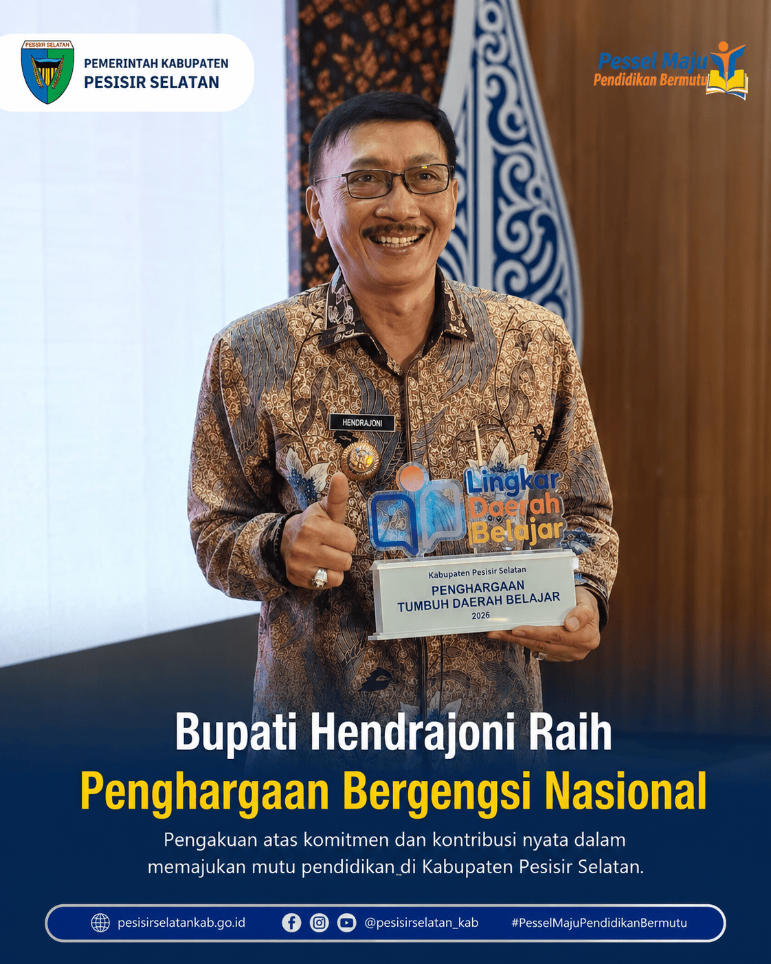 Hendrajoni Raih Penghargaan Nasional, Komitmen Pesisir Selatan Majukan Pendidikan Kian Diakui